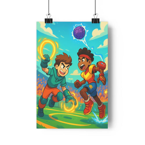 Poster dynamique enfants course énergie décor vert ciel bleu plantes action joyeux cartoongansters styles retro moderne chambre adolescent