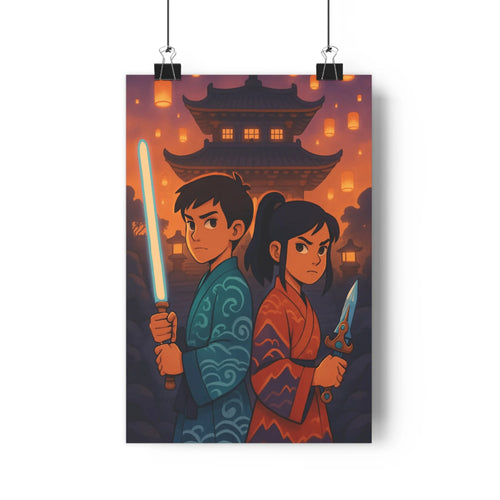 Poster asiatique mystique kimono sabres structure traditionnelle lanternes rouge noir lumière douce ambiance intime moderne graphique salon chambre