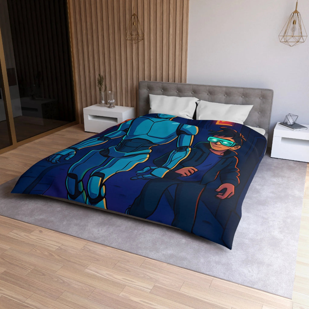Housse de couette moderne avec illustration néon de robot et jeune avec lunettes lumineuses