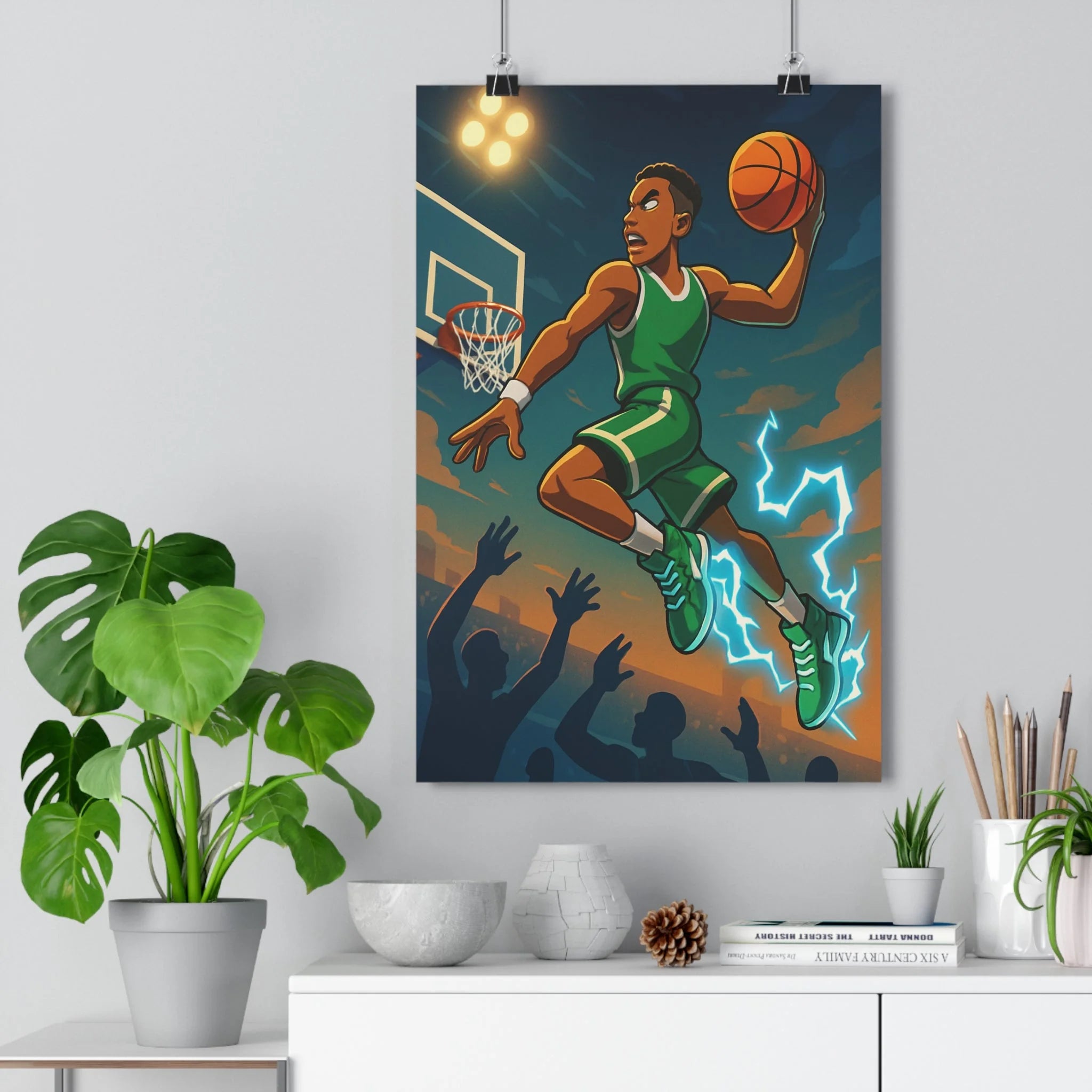 Poster décoratif cartoon basketball vert orange dynamique chambre enfant sportif éclairs moderne énergique suspension