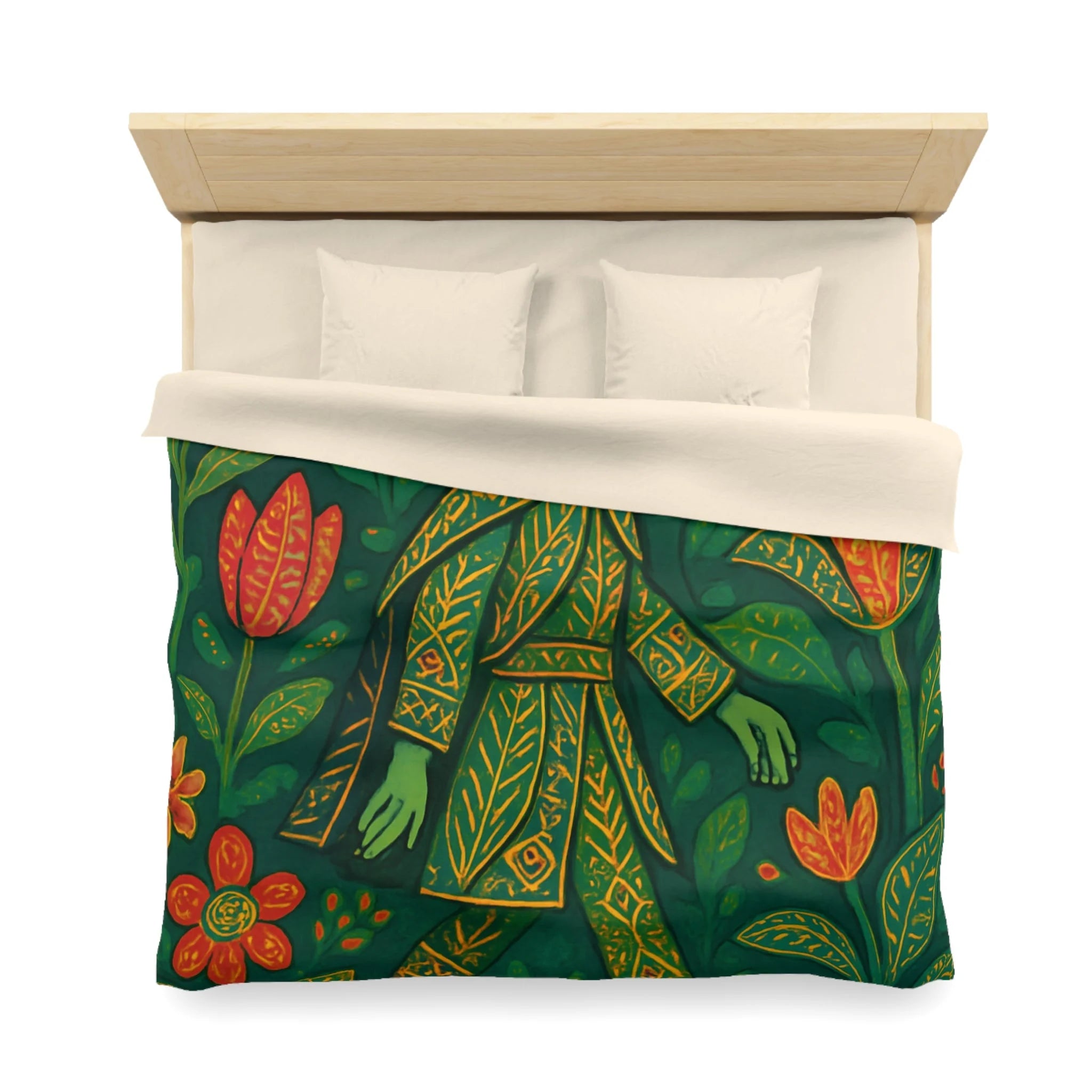 Housse de couette vibrante avec motif botanique et personnage en marche serein