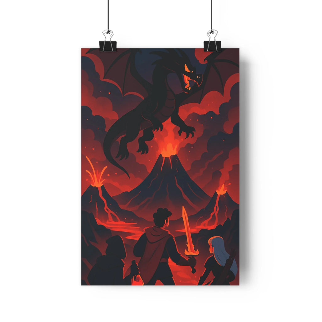 Poster décoratif aventure dragon volcan personnage courageux anime dramatique rouge noir intense salon bureau