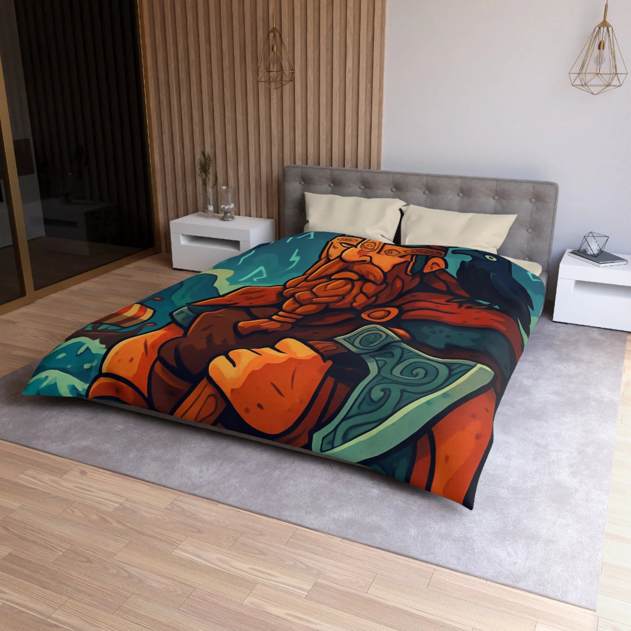 Housse de Couette Viking Épique avec Corbeau Mystique et Mer Orageuse Nordique