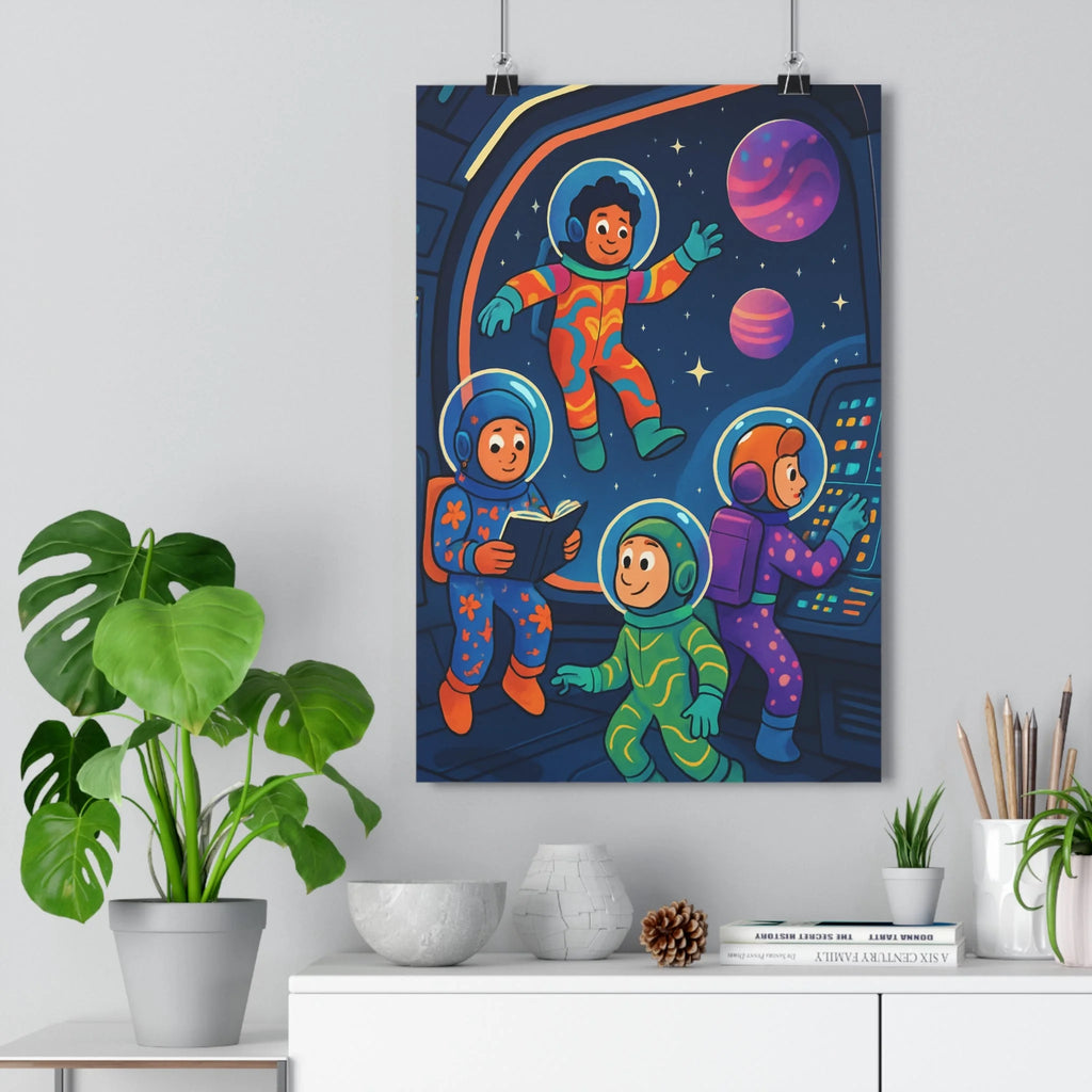 Poster décoratif futuriste coloré enfants aventure espace ludique moderne chambre salon joyeux dynamique tendance