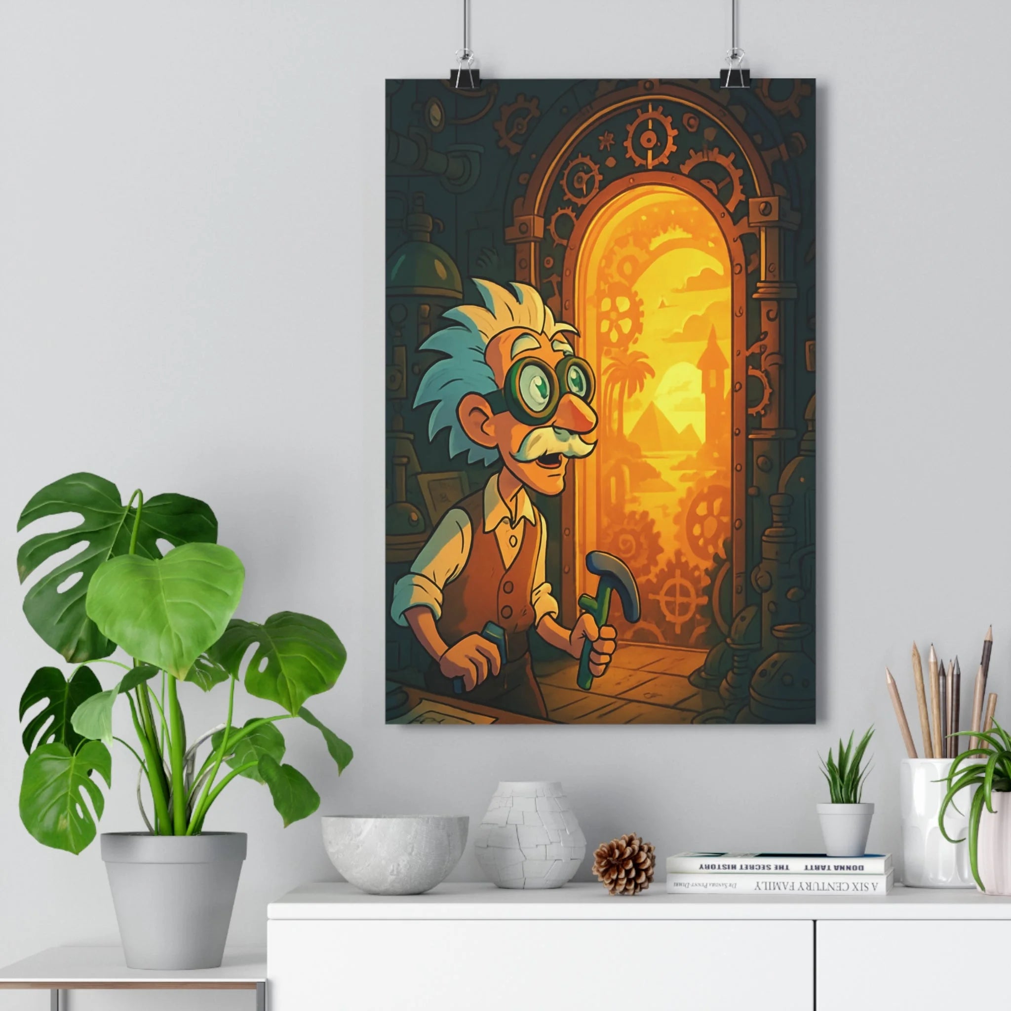 Poster décoratif steampunk inventeur lumière pyramides mystique aventure salon bureau couleurs chaudes unique qualité