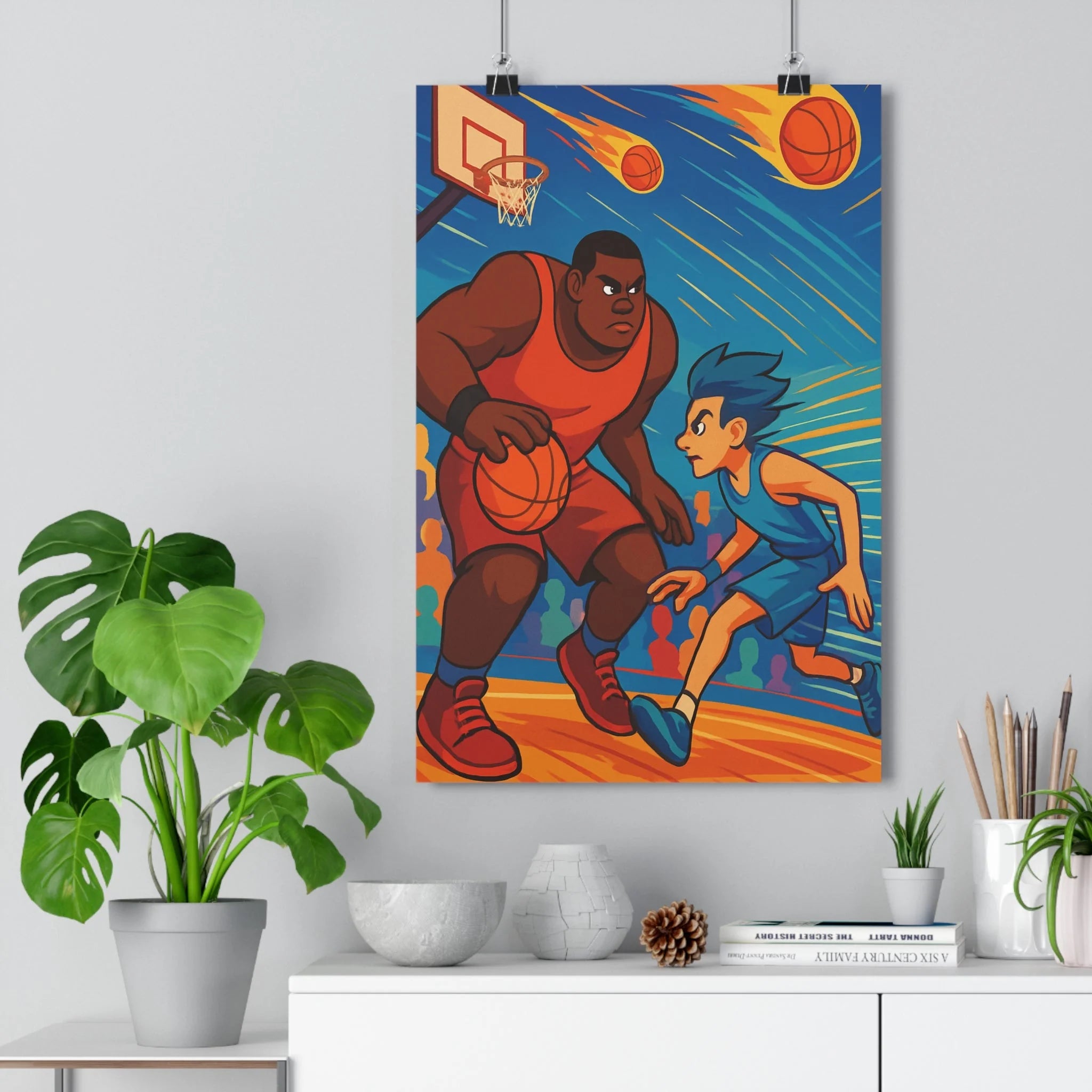 Poster décoratif rétro moderne basket orange bleu cartoon énergétique salon chambre vibrant unique tendance