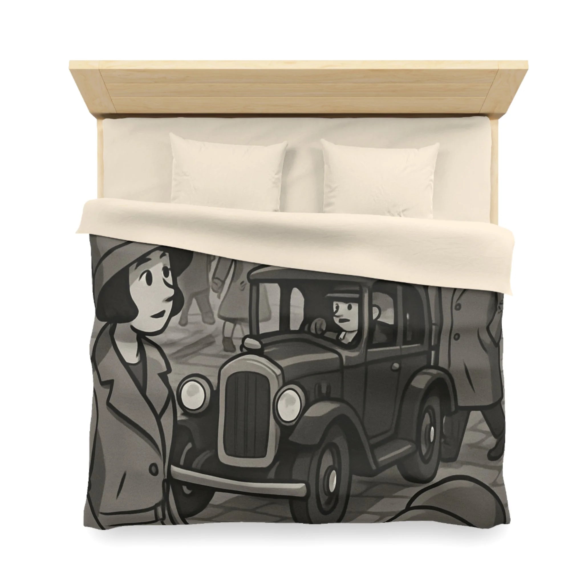 Housse de Couette Vintage avec Rue Animée et Voiture des Années 1930