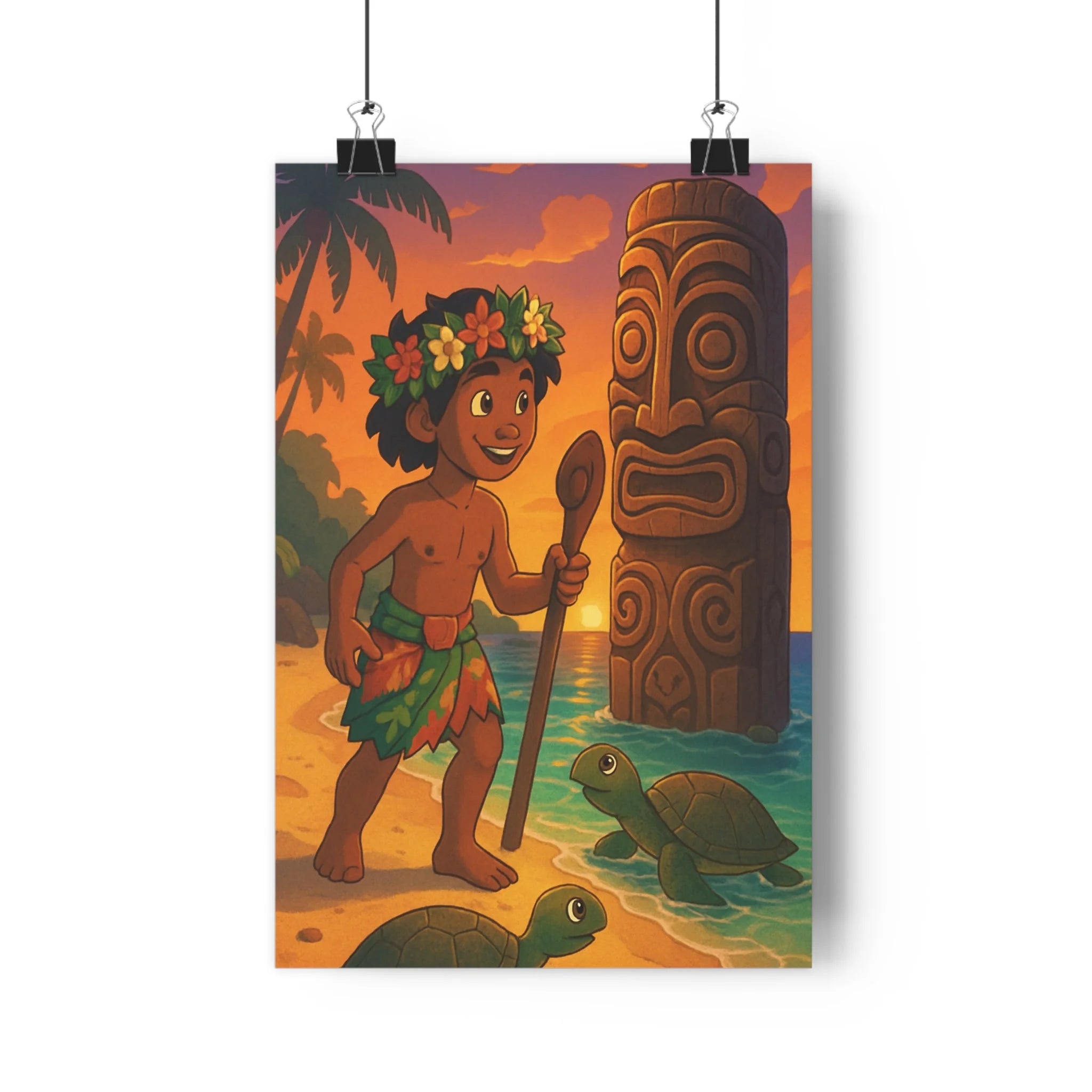 Poster décoratif cartoon enfant magique coucher soleil plage polynésien tortues tiki 30x46 ambiance qualité
