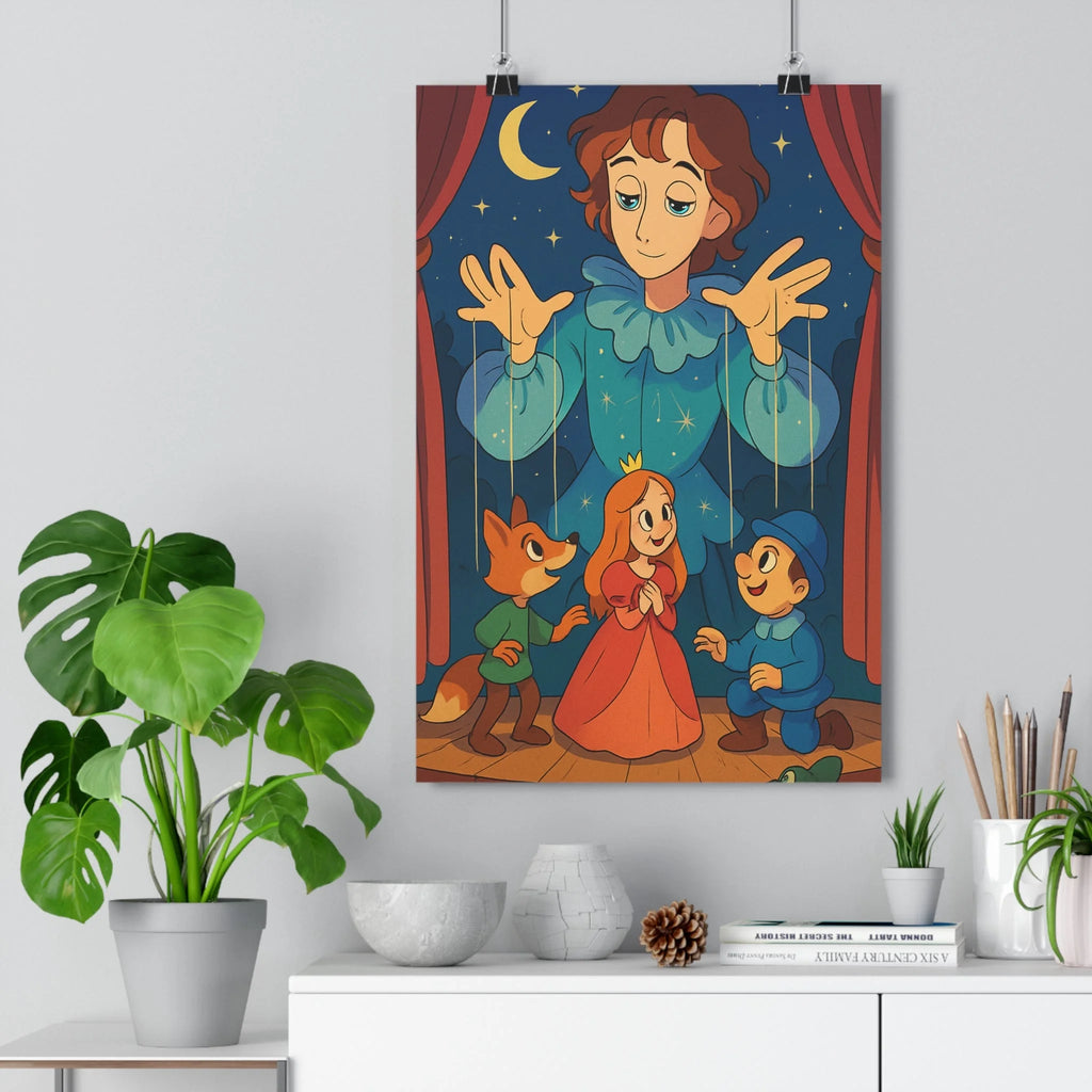 Poster décoratif théâtral mystique cheveux bruns renard vert princesse rouge fond étoilé magique chambre
