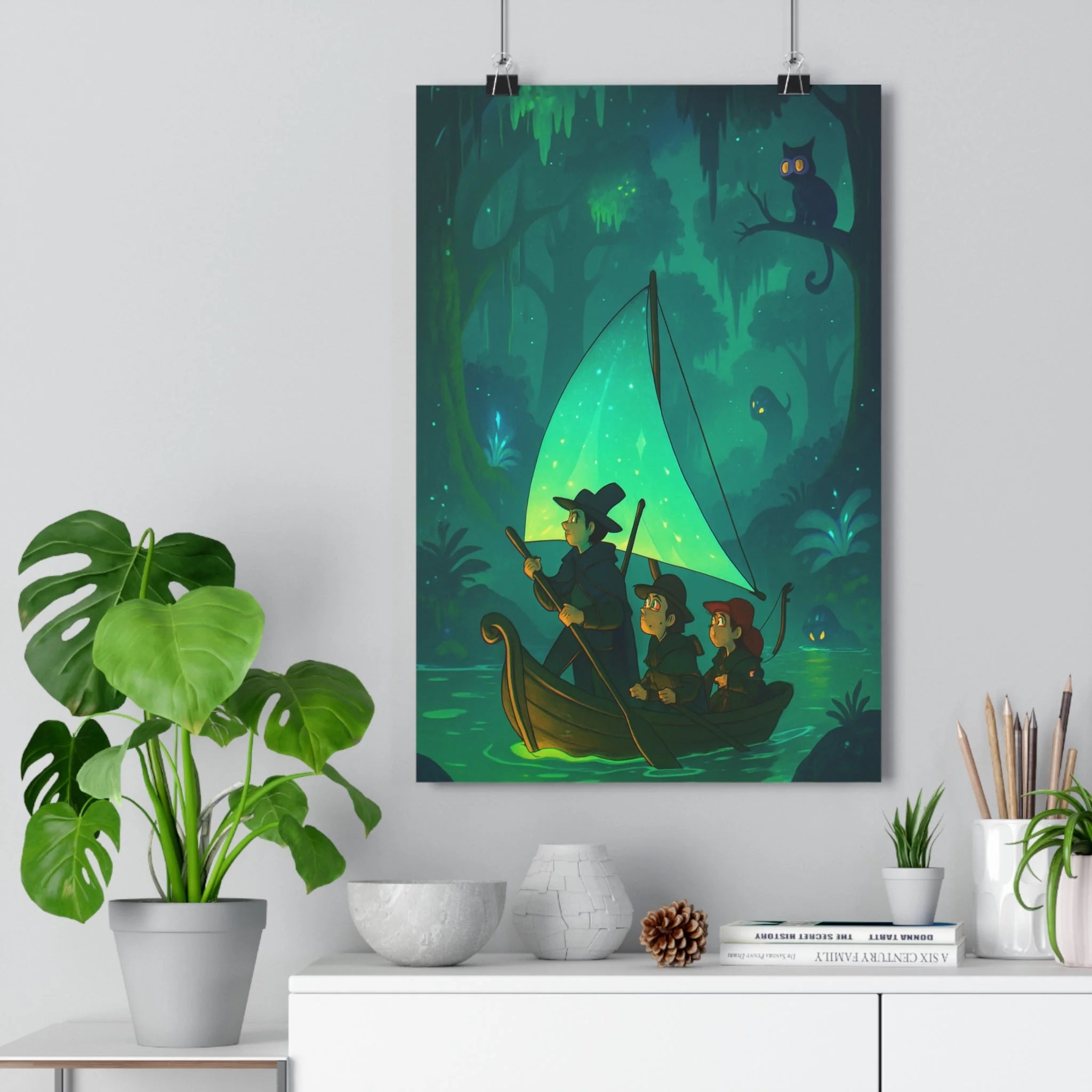 Poster décoratif aventure forêt mystérieuse vert bleu féerique rêveur chambre salon tendance élégance qualité