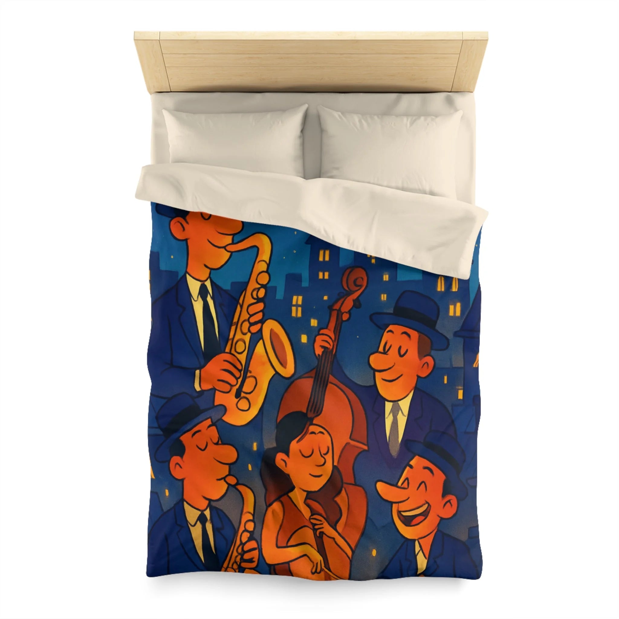 Housse de Couette pour Passionnés de Jazz avec Musiciens et Ciel Étoilé Vibrant