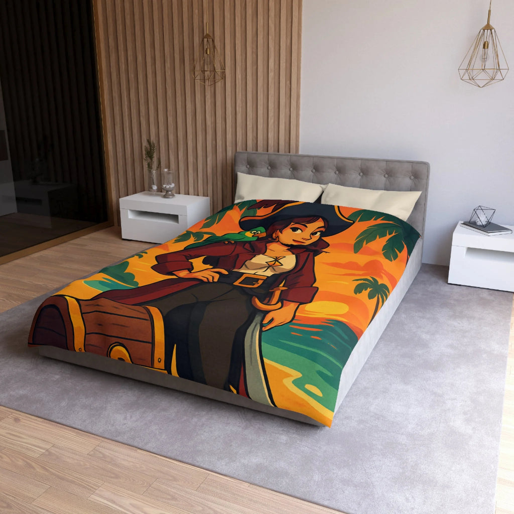 Housse de couette pirate colorée avec perroquet et coffre au trésor tropical