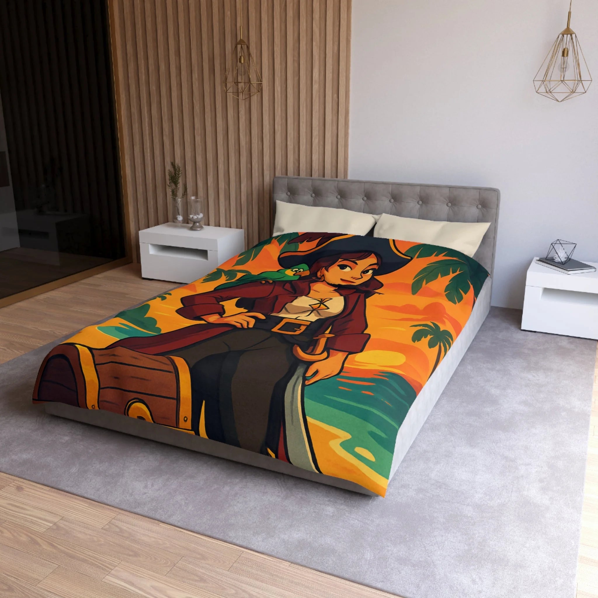 Housse de couette pirate colorée avec perroquet et coffre au trésor tropical