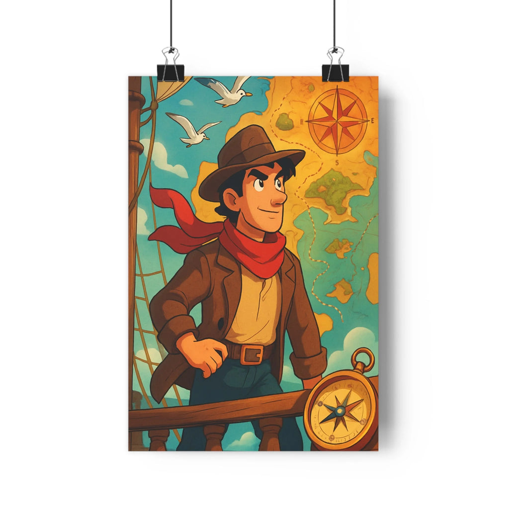 Poster décoratif cartoon aventurier océan bleu jaune aventure chambre salon enfants bureau dynamique qualité