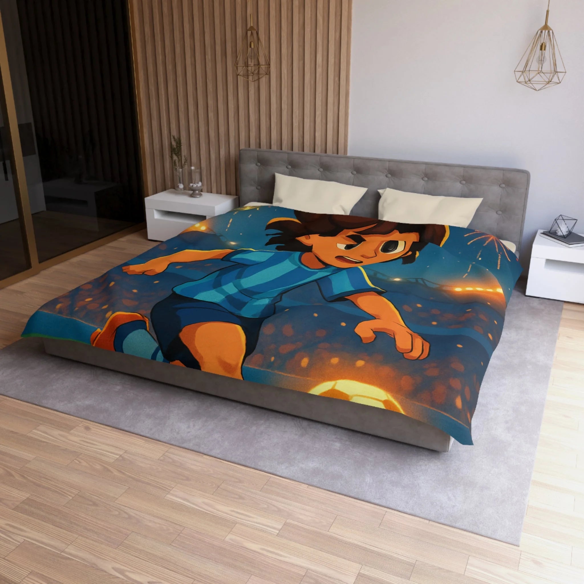 Housse de couette vibrante avec joueur de football animé et feux d'artifice