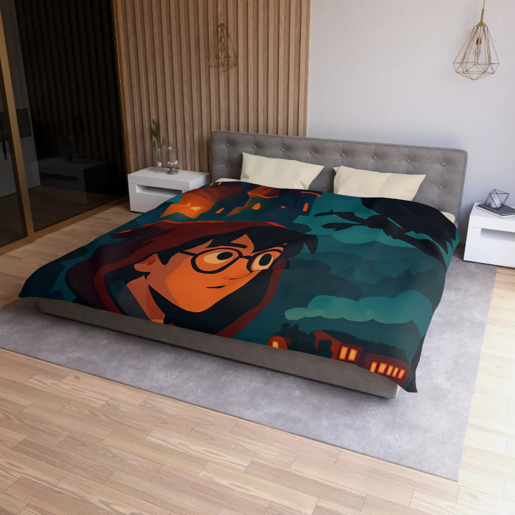 Housse de couette mystique avec château, héros et hibou pour chambre enchantée