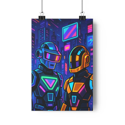 Poster futuriste cyberpunk personnages néon lumineux urbain nuit gratte-ciels bleu rose orange technologie ambiance moderne chambre bureau