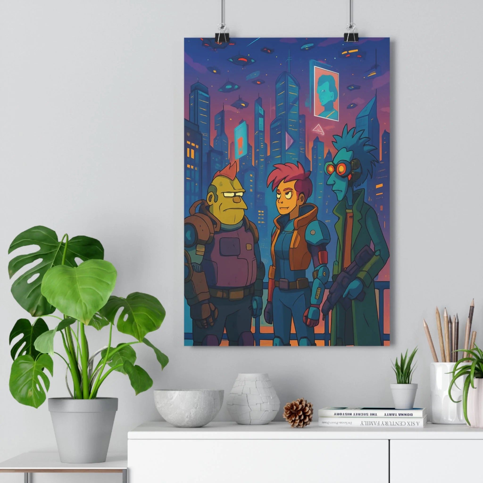 Poster décoratif futuriste cyberpunk bleu rose urbain dynamique salon bureau chambre tendance qualité premium