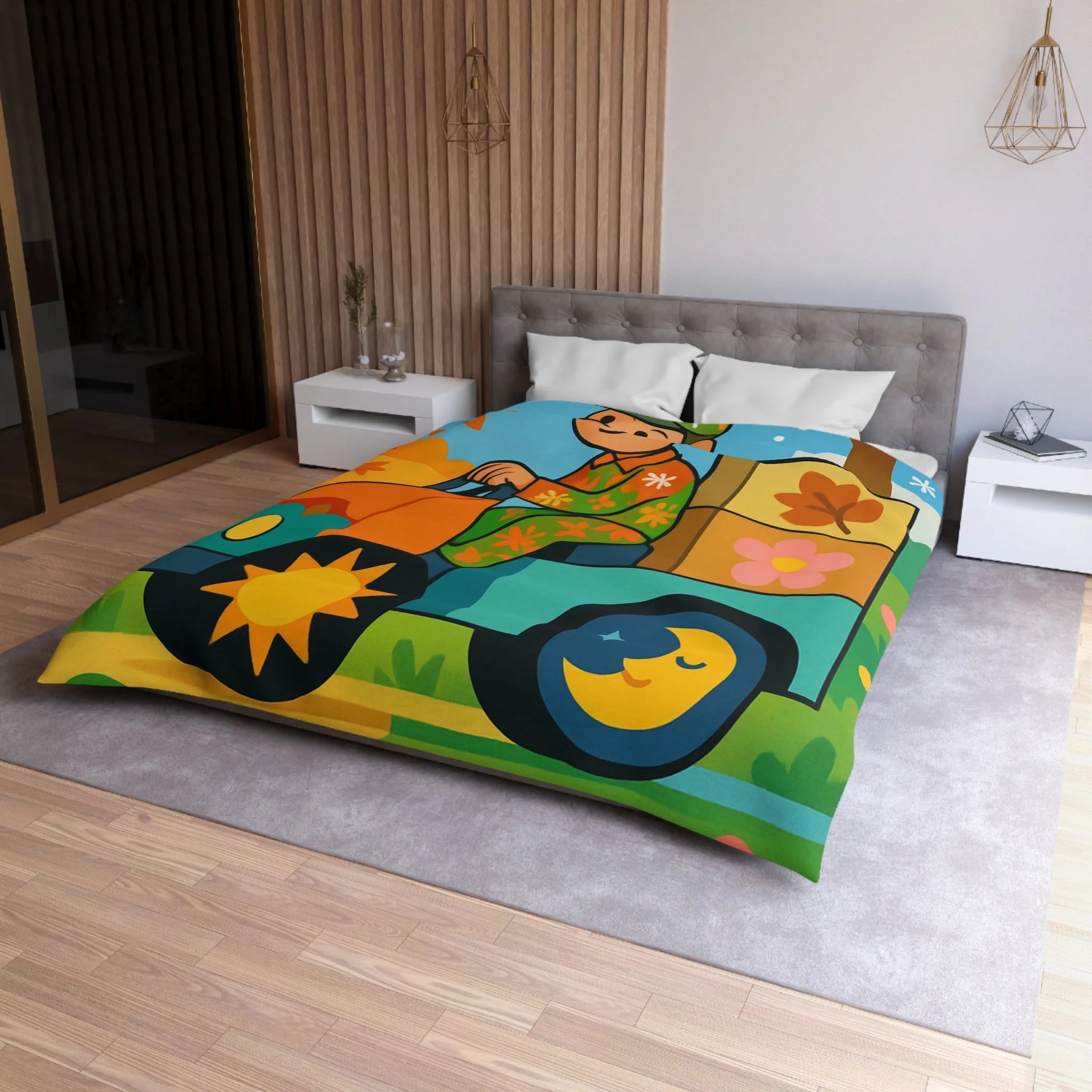 Housse de Couette Paisible Illustrant un Paysage Automnal avec Motifs Floraux et Naturels