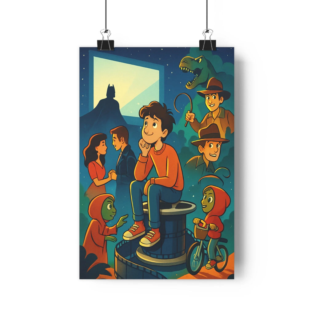 Poster décoratif nostalgique cinéma aventure vintage enfant magique coloré rouge bleu jaune rêveur iconique