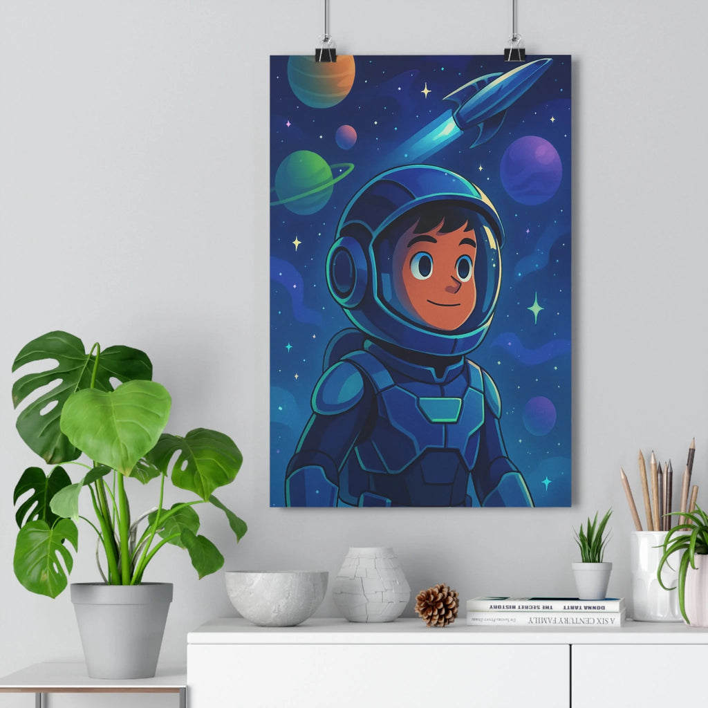 Poster décoratif cartoon bleu violet vert aventure enfant astronaute espace fusée chambre 30x46 qualité