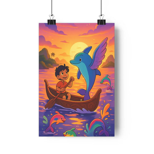 Poster décoratif enfant aventure joyeux coloré magique dauphin barque mer coucher soleil chambre tendance
