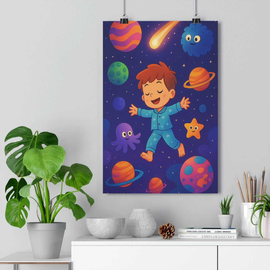 Poster décoratif cartoon bleu orange pyjama enfant chambre joyeux onirique interstellaire coloré galactique fantaisie