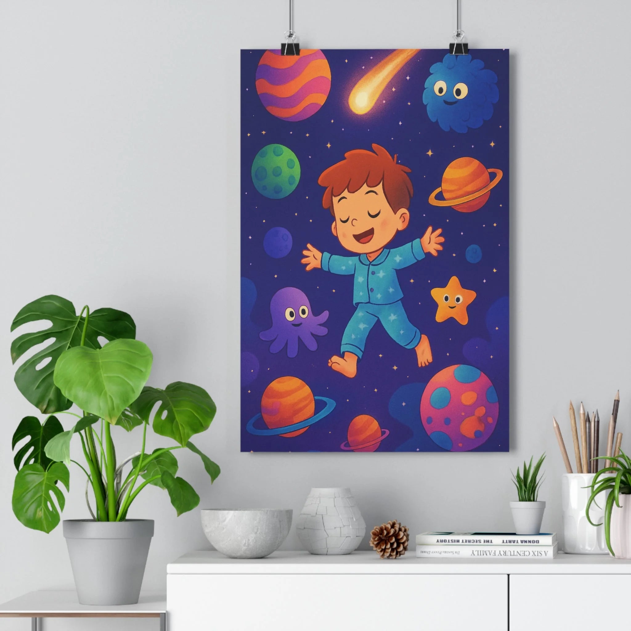 Poster décoratif cartoon bleu orange pyjama enfant chambre joyeux onirique interstellaire coloré galactique fantaisie