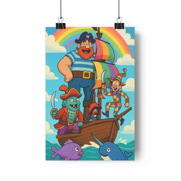 Poster pirates bateau arcen-ciel poissons clown monstre marin ciel nuages contours épais expressions humoristiques ambiance joyeuse colorée cartoon