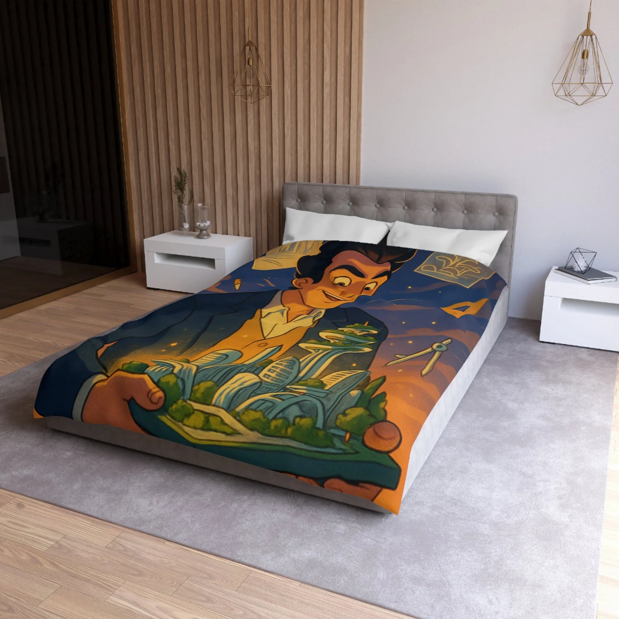 Housse de couette urbaine avec design futuriste, ambiance artistique et couleurs somptueuses