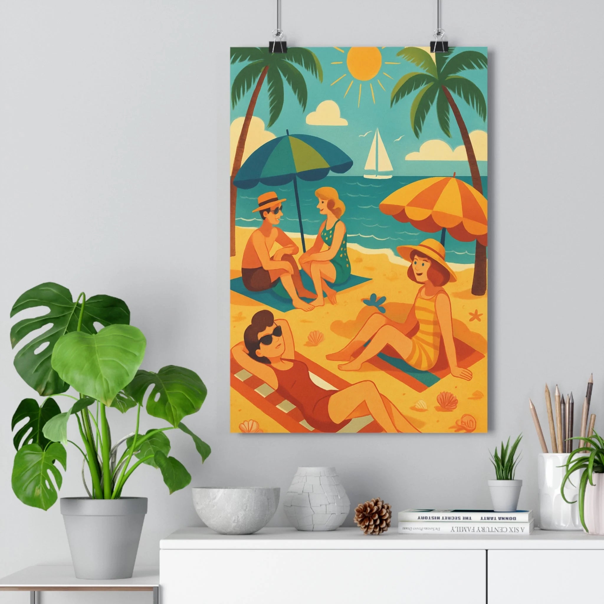 Poster décoratif vintage tropical plage rétro coloré joyeux salon chambre dessin animé été ambiance
