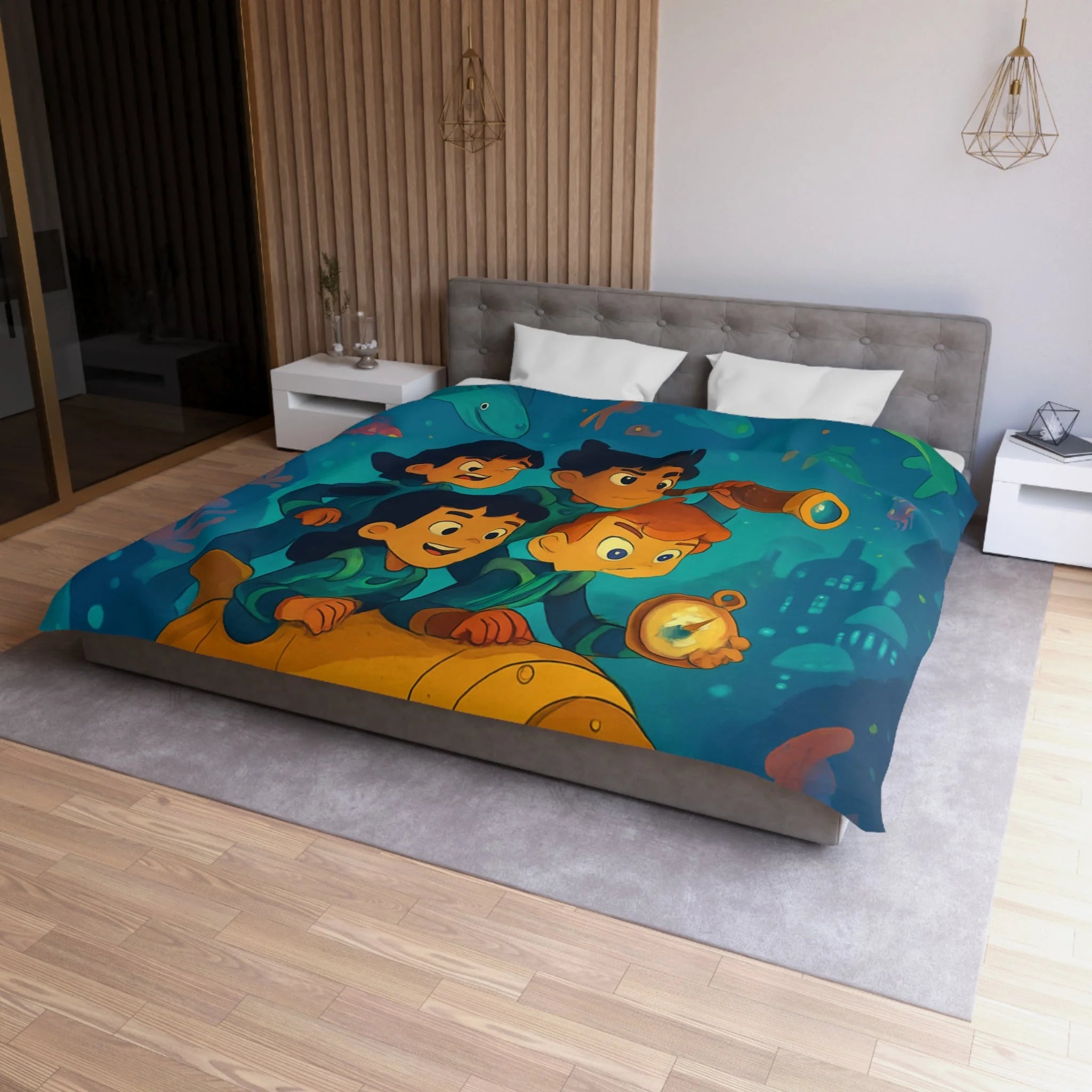 Housse de couette sous-marine avec enfants explorateurs et animaux marins joyeux