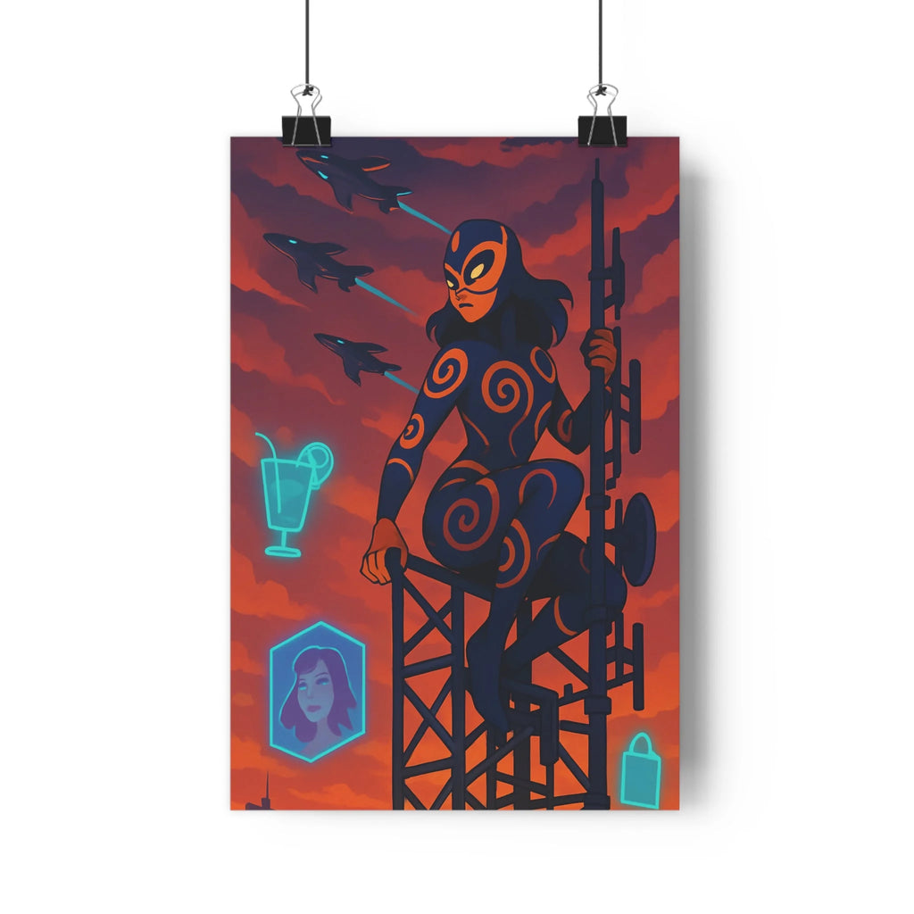 Poster décoratif crépuscule bleu orange dynamique moderne salon ambiance futuriste figure costumée unique qualité