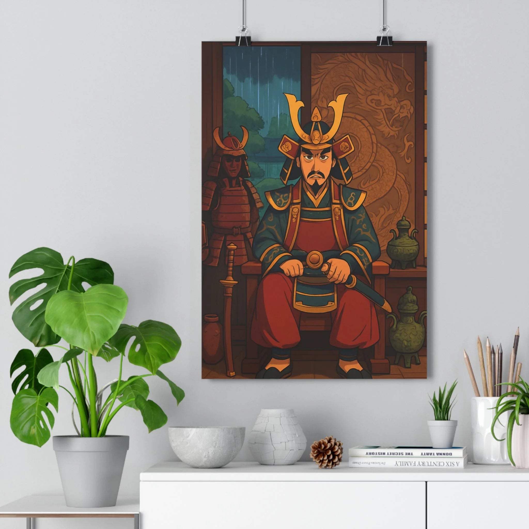 Poster décoratif shogun japonais anime mystique rouge doré salon historique traditionnel guerrier fresque puissance
