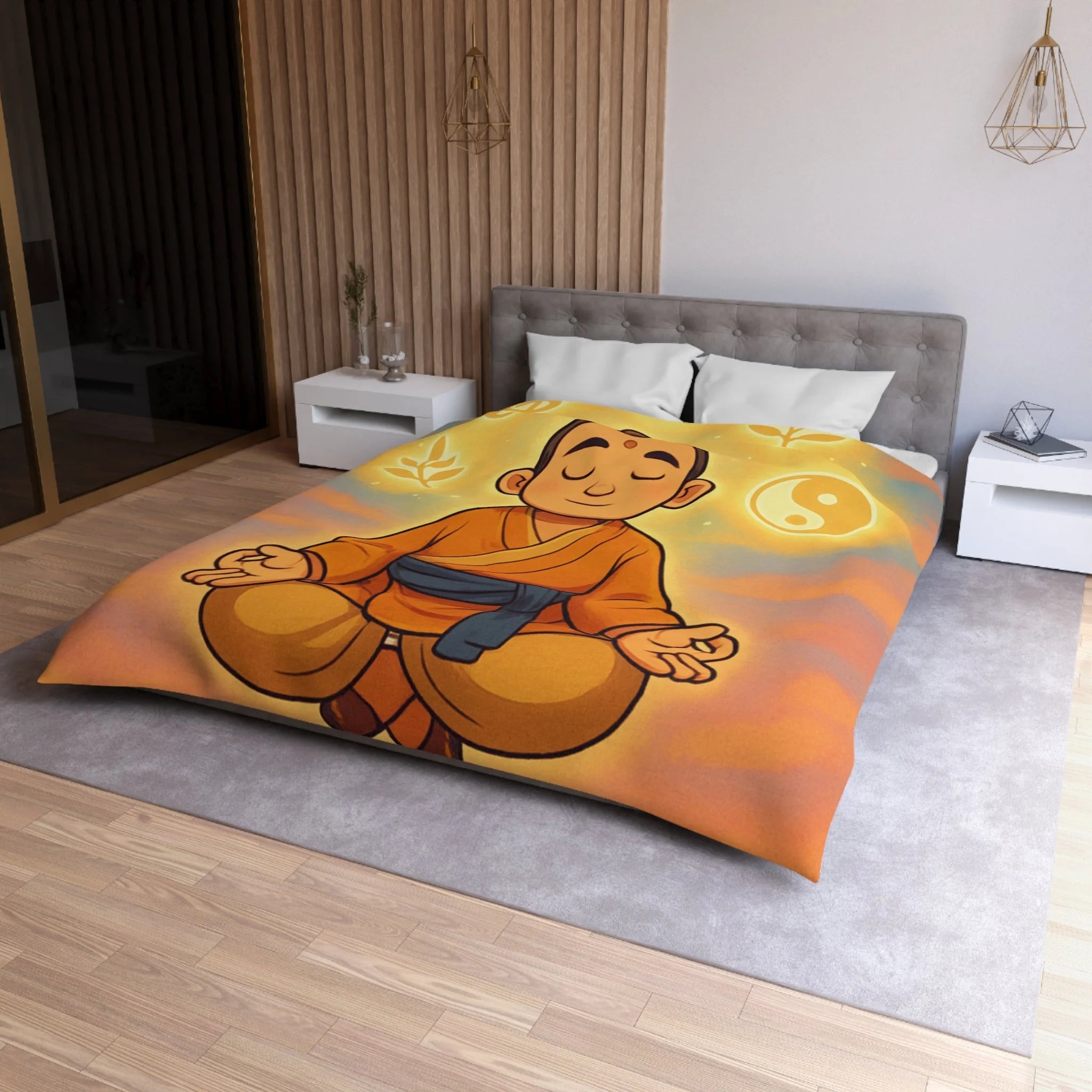 Housse de couette zen avec méditation, symboles spirituels, orange et bleu apaisant