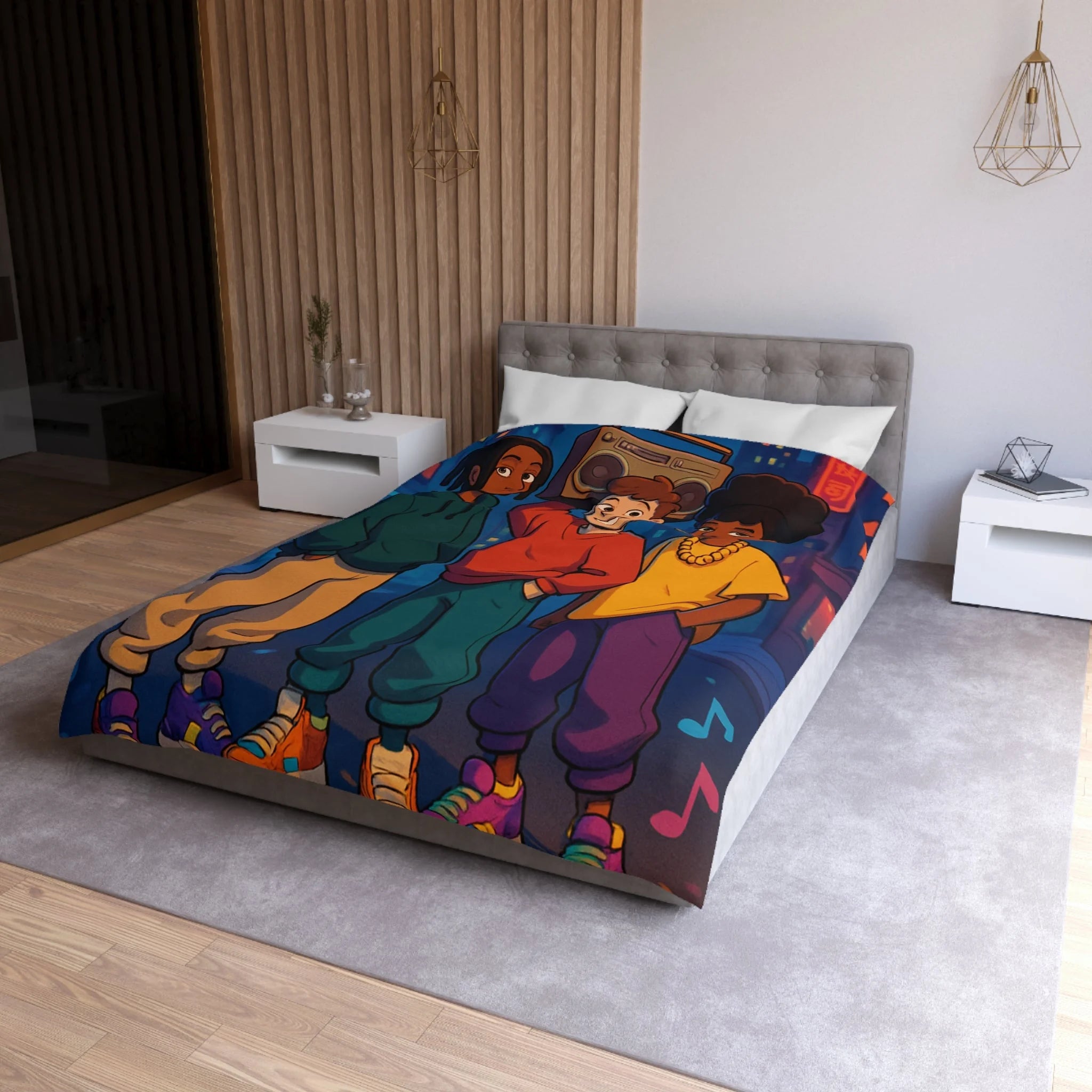 Housse de couette urbaine colorée avec adolescents et radio cassette dans la rue nocturne