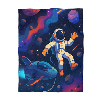 Housse de couette spatiale colorée avec astronaute flottant parmi planètes et étoiles