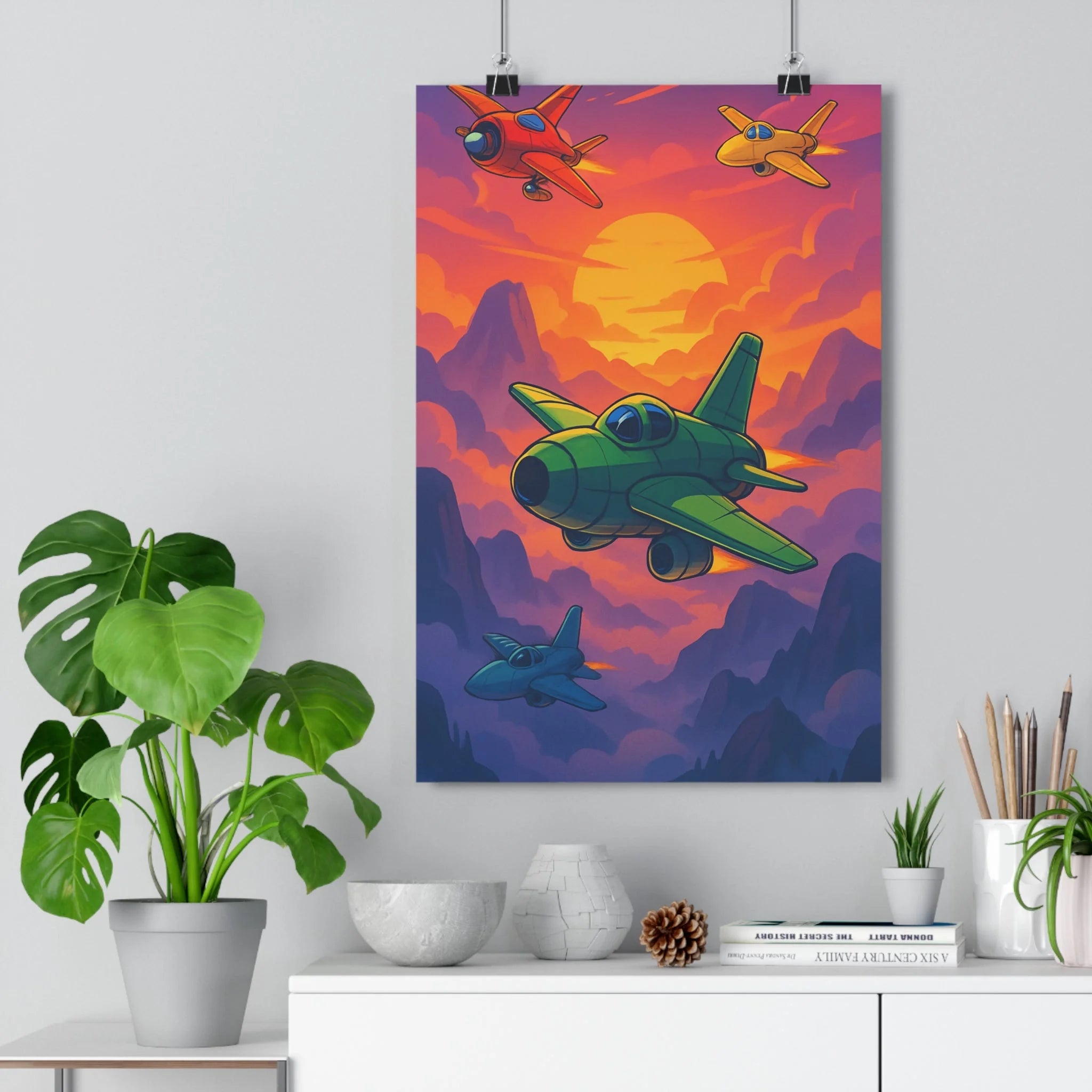 Poster décoratif anime vibrant rouge jaune bleu aventure chambre salon coucher soleil paysage stylisé