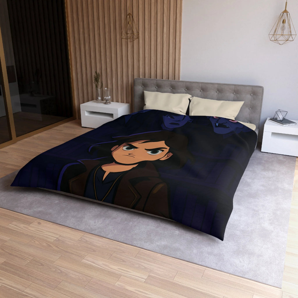 Housse de couette mystérieuse avec personnage sombre et biblio-thème style graphique