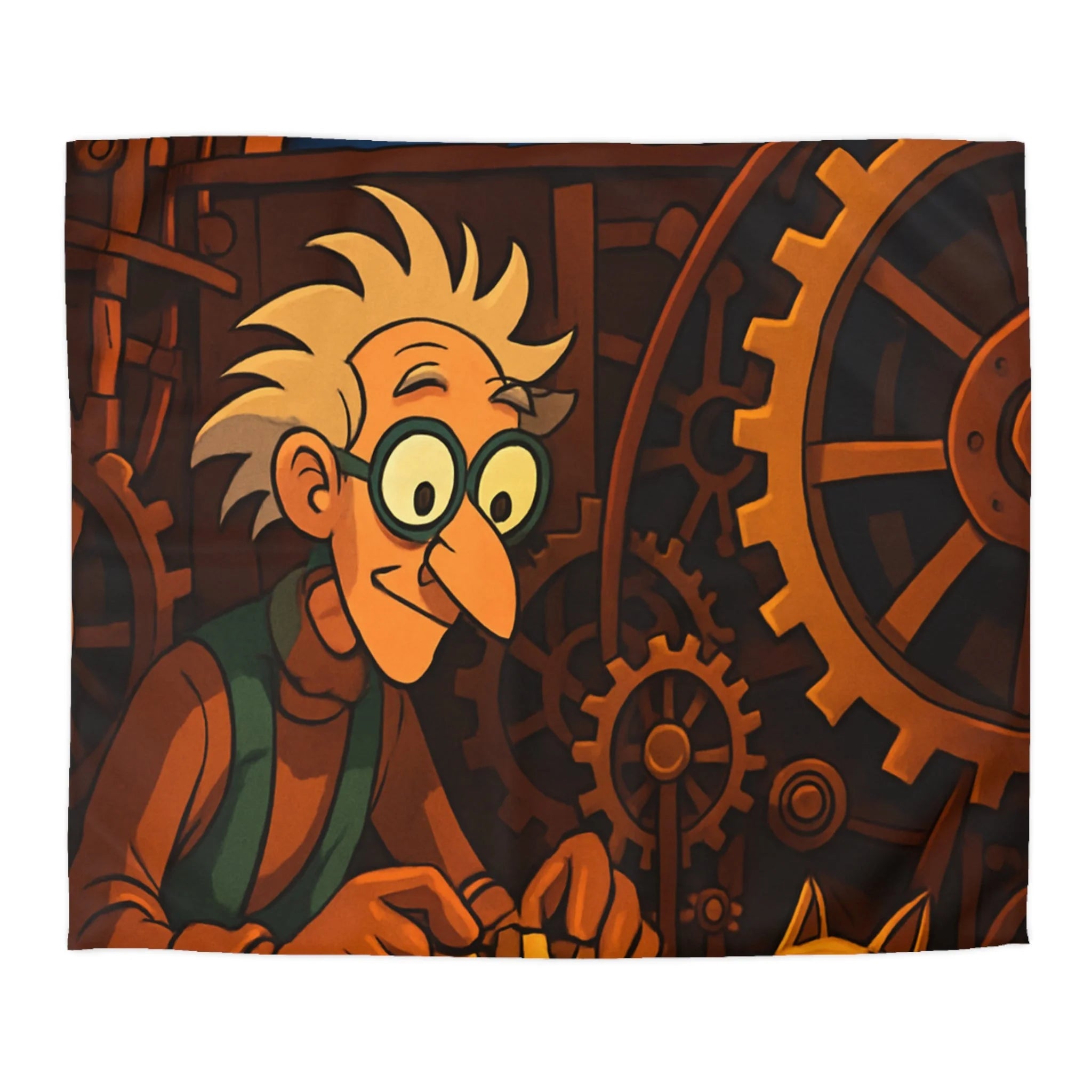 Housse de Couette Steampunk Illustrée avec Inventeur et Chat Curieux dans Atelier Nocturne