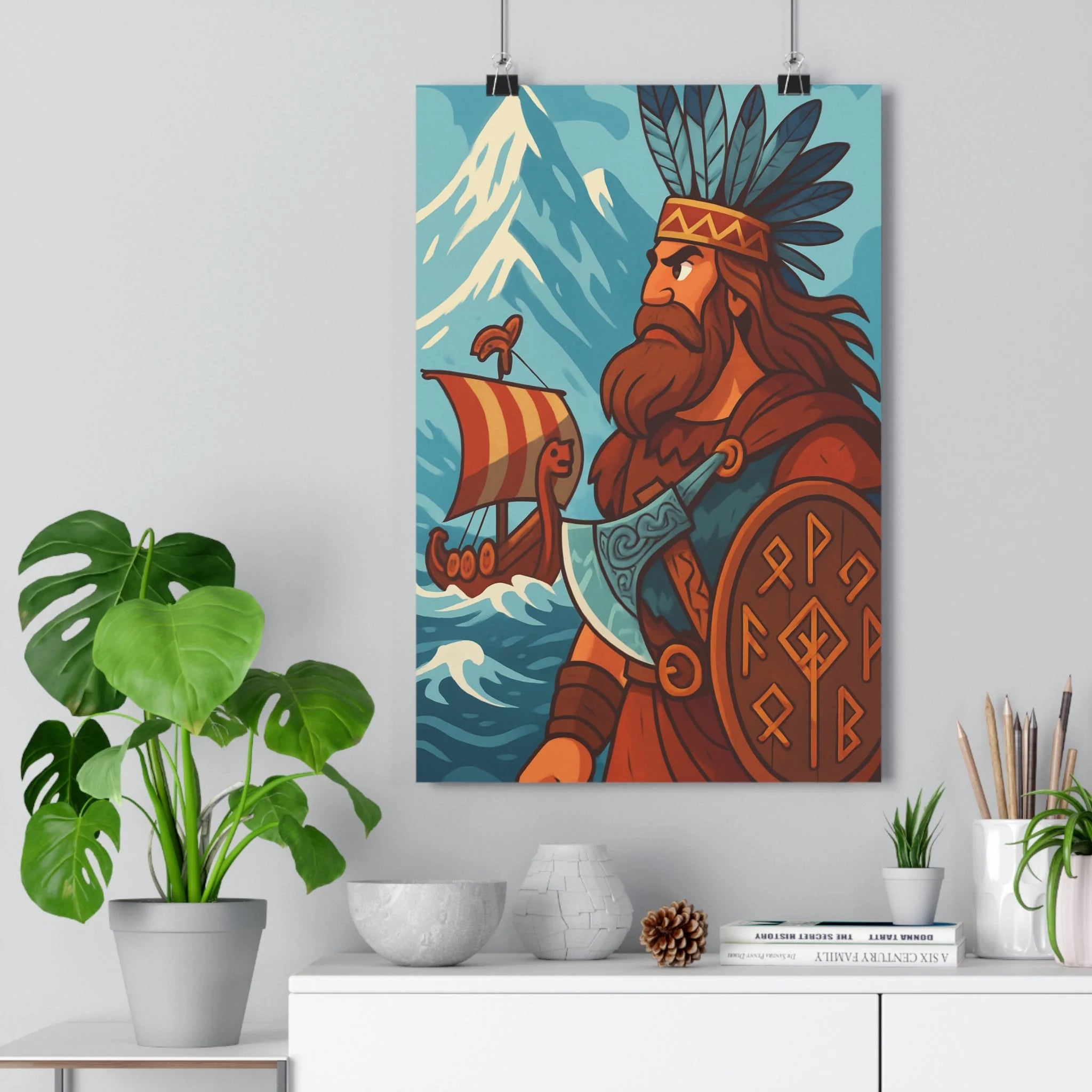 Poster décoratif guerrier viking cartoon épique bleu rouge aventure salon chambre dynamique mythe légende