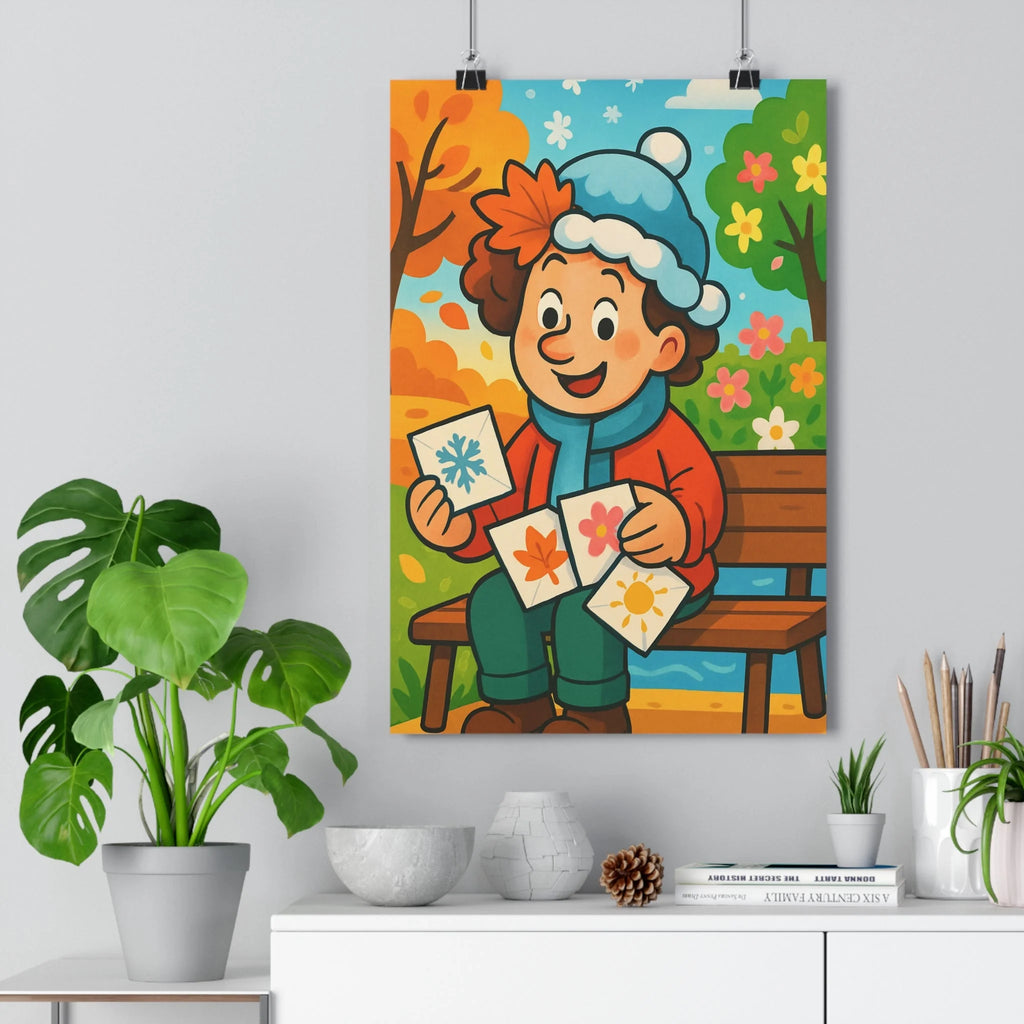 Poster décoratif animé vert orange joyeux enfant nature saisons banc cartes fleurs hiver qualité