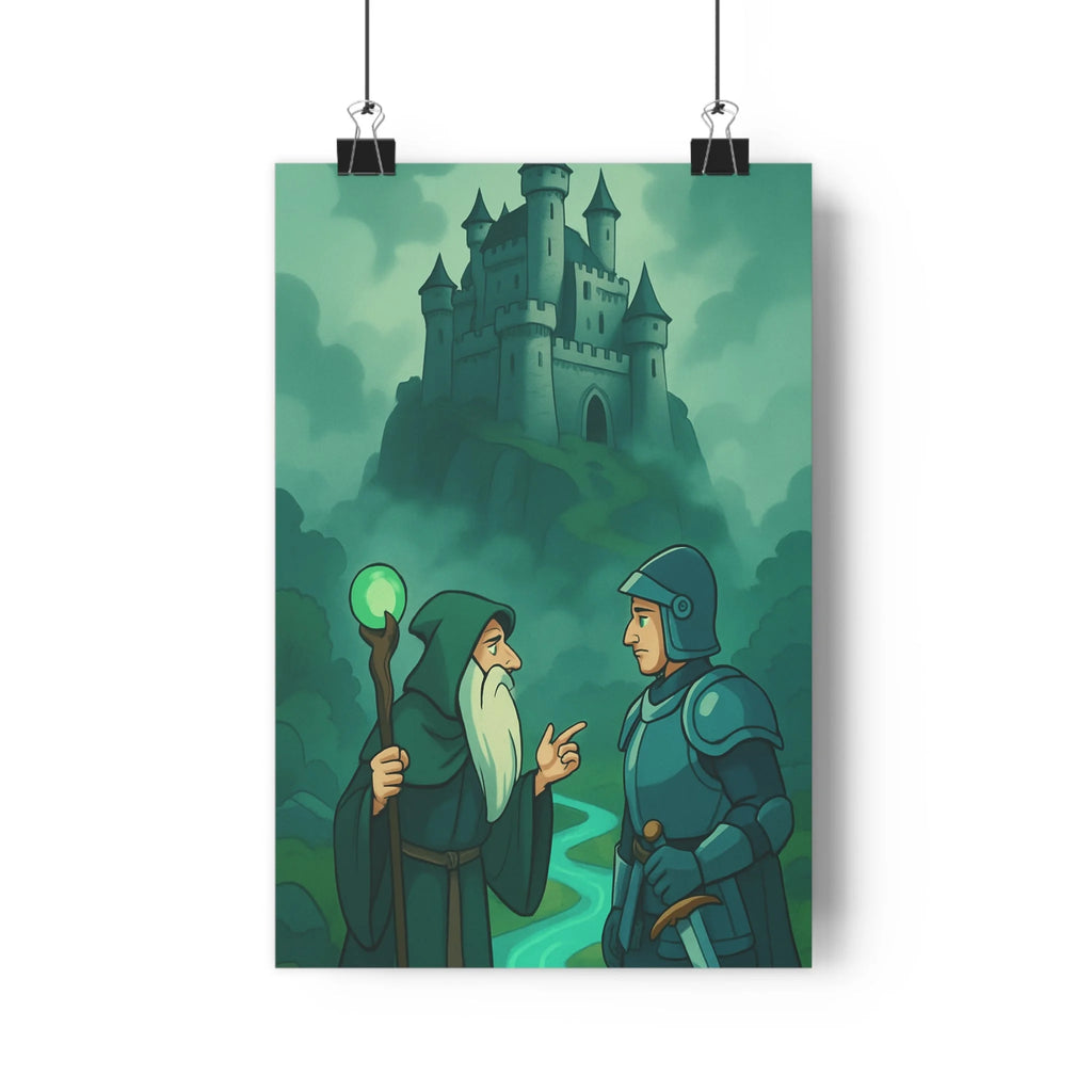 Poster décoratif mystique dessin animé vert bleu château chemin brumeux mage chevalier chambre salon