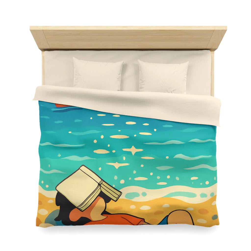 Housse de couette plage relaxante avec enfant, livre et mouettes en été ensoleillé