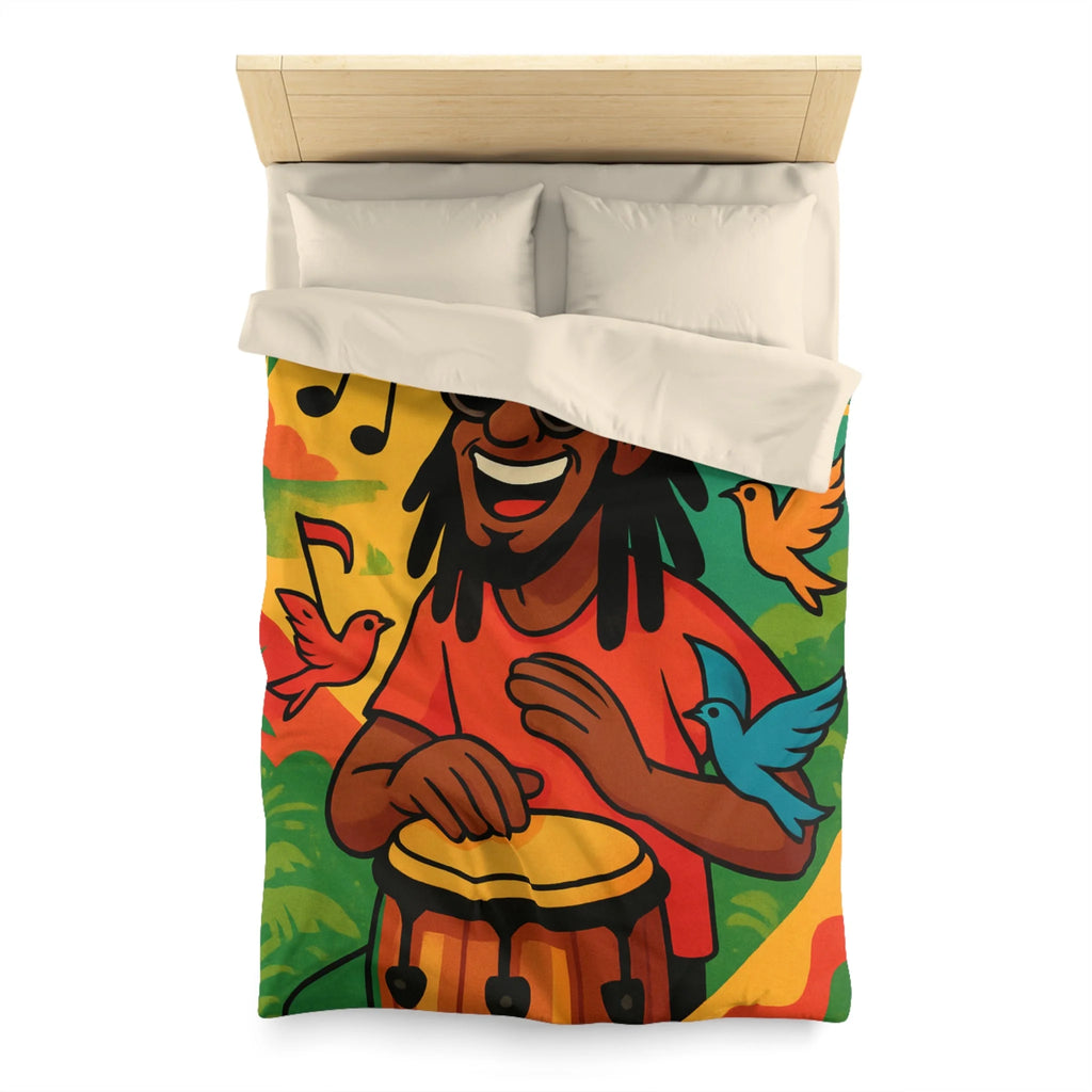 Housse de couette vibrante arc-en-ciel reggae avec tambour, palmiers et oiseaux colorés