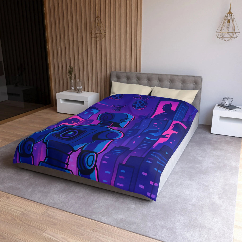 Séduisante housse de couette futuriste robot bleu néons drones anime horizon nuit