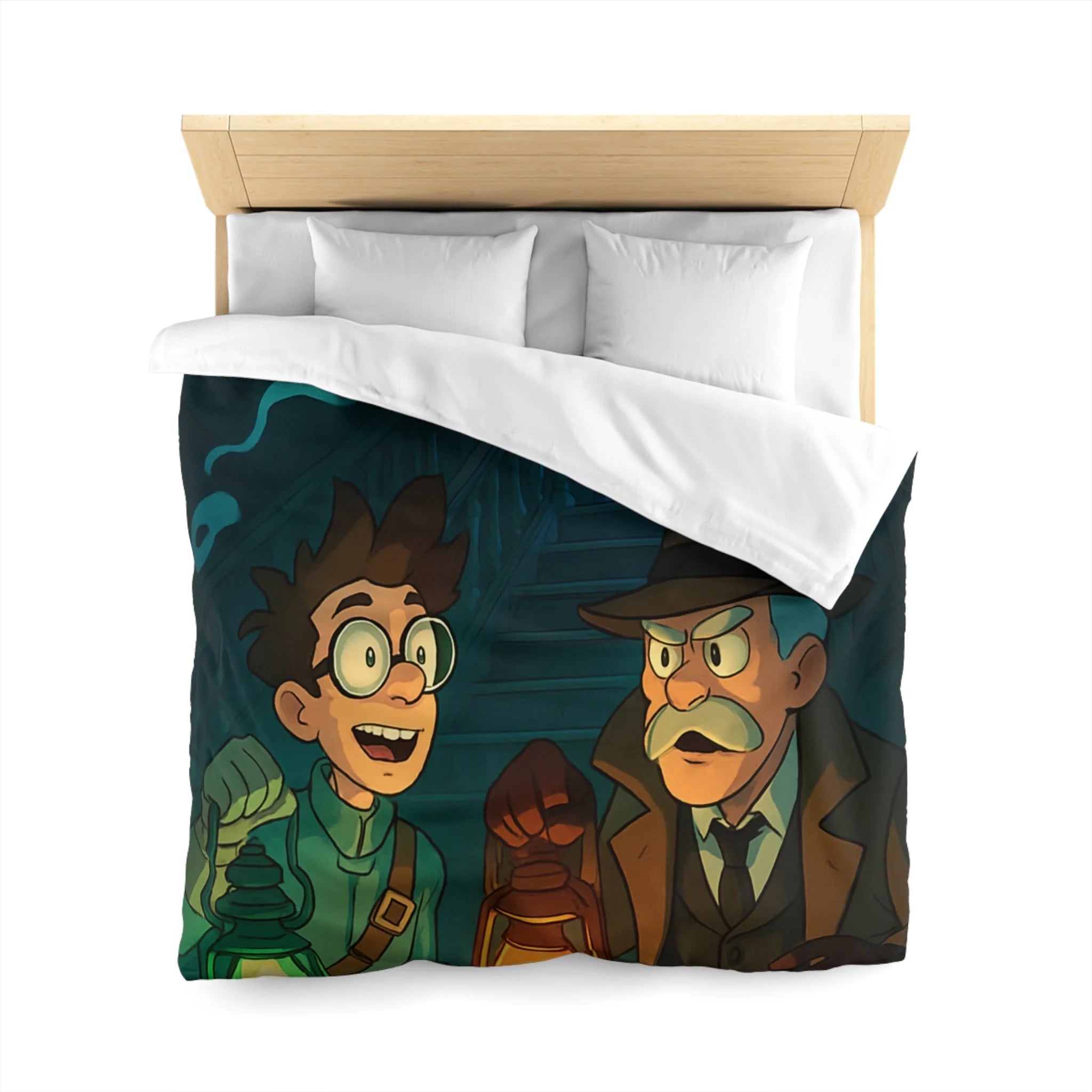Housse de couette mystère avec lanternes, enquêteurs, fantômes et portail mystérieux