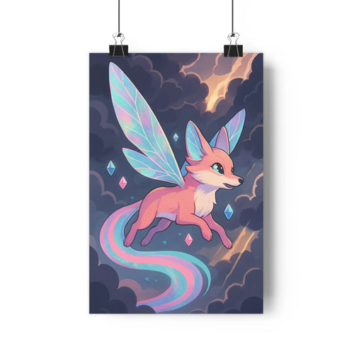 Poster renard ailé nuit nuages lumières dorées queue diamants bleu violet magique fantastique intérieur pastel aérien explorer imagination salon chambre