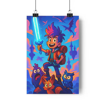 Poster aventure fantastique enfants chevaux volants chats nuits étoiles couleurs vives contours nets expressions joyeuses chambre salon