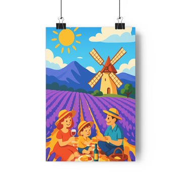 Poster famille pique-nique lavande champ ciel bleu nuages soleil moulin à vent couleurs vives joyeux paisible journée ensoleillée paysage rural